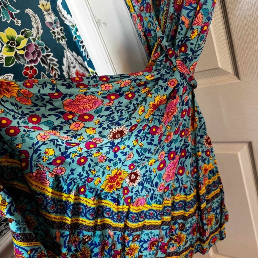 Boho Floral Print Teal Mini Wrap Dress Medium - Picture 5 of 6